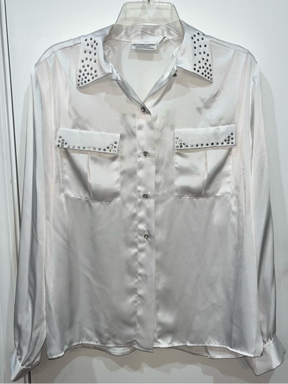 Vintage JH Collectibles White Satin Button-Up Shirt w/ Studded Collar & Pockets